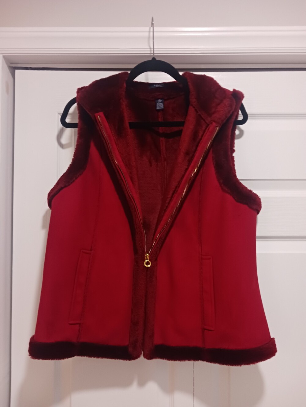 Chaps Red Hooded Faux-Fur Trim Vest